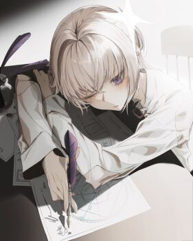 1girl absurdres against_desk circle commentary desk drawing_(action) english_commentary eyebrows_hidden_by_hair hair_intakes hand_on_own_arm highres holding holding_quill ink leaning_forward long_sleeves one_eye_closed open_mouth original paper purple_eyes quill red_ribbon ribbon rzyy3243 shirt short_hair sleepy sleeves_rolled_up solo white_background white_hair white_shirt