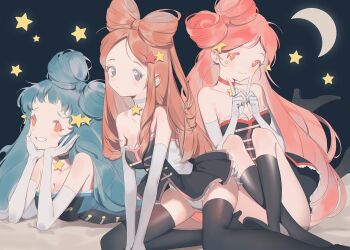 Rule 34 | 3girls, bare shoulders, between legs, black thighhighs, blue hair, blush, boots, bow-shaped hair, brown hair, buttons, choker, choppy bangs, closed mouth, corset, crescent, crossed legs, dot mouth, ecorust9, elbow gloves, fingers to cheeks, frills, gloves, grey eyes, grin, hair ornament, hand between legs, hands on own cheeks, hands on own face, hands up, head rest, idol, idol clothes, isora hibari, long hair, long legs, looking at viewer, lying, mawaru penguindrum, miniskirt, multiple girls, night, on stomach, panties, parted bangs, pink eyes, pink hair, platform heels, ringlets, short bangs, sidelocks, sitting, skirt, sky, smile, star (sky), star (symbol), star choker, star hair ornament, star sticker, starry sky, sticker, swept bangs, takakura himari, the pose, thigh boots, thighhighs, triple h, underwear, utada hikari, very long hair, white gloves