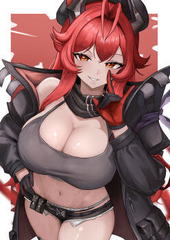 1girl \n/ absurdres ahoge antenna_hair black_coat black_shorts border breasts cleavage coat commentary_request cosplay eunhwa_(nikke) eunhwa_(nikke)_(cosplay) eunhwa_(tactical_upgrade)_(nikke) goddess_of_victory:_nikke grey_pantyhose grey_tank_top highres horns korean_commentary large_breasts long_hair mechanical_horns micro_shorts midriff navel orange_eyes pantyhose red_background red_hair red_hood_(nikke) shorts small_chair_(xiaosaiyi33818) solo tank_top thighs very_long_hair white_border