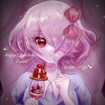 1girl 2026 bow colored_skin cup dated dr._stone food fruit hair_bow hair_over_one_eye happy_birthday heart highres holding holding_spoon lips lipstick looking_at_viewer luna_wright makeup muuuuu_mx open_mouth pale_skin parted_lips pink_bow pink_hair pink_lips red_eyes short_hair solo spoon strawberry teeth upper_body