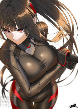 1girl black_bodysuit black_hair blue_archive bodysuit breasts bright_pupils commentary_request gun handgun highres holding holding_gun holding_weapon impossible_bodysuit impossible_clothes large_breasts latex latex_bodysuit long_hair official_alternate_costume official_alternate_hairstyle ponytail red_eyes rio_(armed)_(blue_archive) rio_(blue_archive) serious signature skin_tight solo very_long_hair weapon white_background white_pupils zombie_mogura