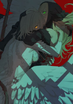 2girls absurdres ambrosia_(dungeon_meshi) black_dress black_hood blonde_hair blood blood_on_back chimera commentary_request detached_hood detached_sleeves dress dungeon_meshi falin_touden falin_touden_(chimera) feathered_wings fur-trimmed_sleeves fur_trim green_eyes highres holding holding_staff hug korean_commentary long_hair looking_at_viewer marcille_donato marcille_donato_(lord) multiple_girls purucon red_background scratching_back slit_pupils staff wings yellow_eyes yuri