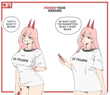 1girl black_panties breasts cellphone chainsaw_man contrapposto curtain_call_challenge_(meme) english_text grin holding holding_phone horns j_adsen large_breasts long_hair looking_at_viewer meme multiple_views pajamas_challenge_(meme) panties parted_lips phone pink_hair power_(chainsaw_man) red_eyes shirt smartphone smile standing underwear white_shirt