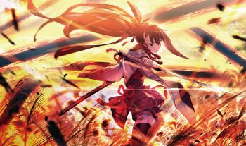 1girl absurdres black_eyes black_hair black_scarf commentary_request fate/grand_order fate_(series) field haori highres holding holding_sheath holding_sword holding_weapon japanese_clothes kawakami_gensai_(fate) kawakami_gensai_(first_ascension)_(fate) long_hair long_sleeves looking_at_viewer multicolored_hair outdoors ponytail reluvy scarf sheath solo streaked_hair sword weapon white_hair white_haori