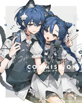 1girl 2girls absurdres animal_ear_fluff blue_eyes cat_tail choker dress flower frills gloves hair_between_eyes hand_up highres jewelry long_hair multiple_girls non-web_source puffy_sleeves shirt short_hair skirt smile tail v white_shirt yuanyunyu_3y