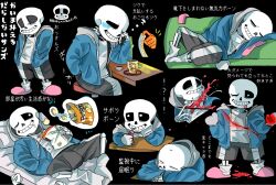 2boys black_background black_sclera black_shorts blood blue_jacket colored_sclera couch grillby grin highres hood hoodie jacket male_focus multiple_boys multiple_views sans_(undertale) shorts skeleton smile solo_focus tama_(tamafuku08) teeth translation_request undertale utdr_(toby_fox) white_eyes
