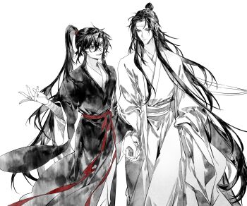 Rule 34 | 2boys, arm wrap, black hair, black hanfu, chinese clothes, closed mouth, couple, eyepatch, feet out of frame, greyscale, hand up, hanfu, hashtag-only commentary, headband, high ponytail, highres, holding hands, lan wangji, liuche79871650, long hair, long sleeves, looking at another, looking at viewer, male focus, modao zushi, monochrome, multiple boys, parted lips, ponytail, red sash, ribbon, robe, sash, sidelocks, simple background, smile, spot color, standing, topknot, very long hair, wei wuxian, white background, white hanfu, wide sleeves, yaoi