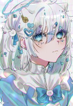 Rule 34 | 1girl, @ @, blue eyes, blush, bow, bowtie, closed mouth, grey hair, hair ornament, halo, heart, heart hair ornament, highres, looking at viewer, original, rayla (rayla illust), solo