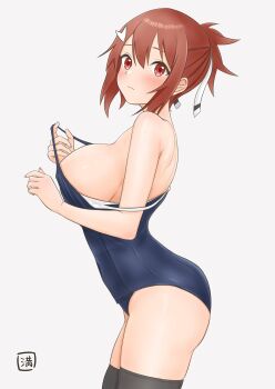 1girl aged_up alternate_breast_size_(larger) arched_back artist_logo bare_arms bare_shoulders black_thighhighs blue_one-piece_swimsuit blush breasts closed_mouth clothes_pull commentary_request cowboy_shot from_side grey_background hair_between_eyes hair_ornament hair_ribbon hairclip highres large_breasts logo looking_at_viewer man12sikata-04 old-fashioned_swimsuit one-piece_swimsuit one-piece_swimsuit_pull ponytail red_eyes red_hair ribbon short_ponytail simple_background solo standing swimsuit thighhighs turning_head white_ribbon yuuki_yuuna yuuki_yuuna_wa_yuusha_de_aru yuusha_de_aru