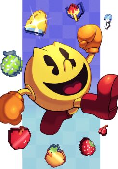 Rule 34 | 1boy, absurdres, apple, bell, blue background, boots, checkered background, cherry, clenched hands, food, fruit, galaxian flagship, gloves, happy, highres, key, melon, orange (fruit), orange gloves, outside border, pac-man, pac-man (game), pac-man eyes, pixelated, red boots, silverchariotx, strawberry