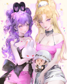 2girls bare_shoulders blonde_hair bow breasts character_doll choker cleavage collarbone commentary_request cowboy_shot doll earrings hair_bow hair_ornament heart highres holding holding_stuffed_toy i.chi jewelry long_hair looking_at_viewer medium_breasts miniskirt multiple_girls navel necklace off-shoulder_shirt off_shoulder original pink_bow pink_shirt pink_skirt purple_eyes purple_hair sensitive shirt skirt smile sparkle stuffed_animal stuffed_toy tongue tongue_out two_side_up white_skirt