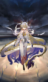 1girl absurdres arknights bare_shoulders black_boots boots breasts brooch closed_mouth cloud cloudy_sky collarbone commentary_request dragon dragon_girl dragon_horns dragon_tail earrings eastern_dragon eastern_dragon_horns eastern_dragon_tail full_body green_eyes hair_between_eyes highres horns jewelry long_hair long_sleeves looking_at_viewer medium_breasts mountainous_horizon night outdoors own_hands_together pointy_ears shirt shu_(arknights) sky small_breasts smile solo standing strapless strapless_shirt tail tassel tassel_earrings tube_top very_long_hair white_hair white_tube_top zhihuigugudegezi