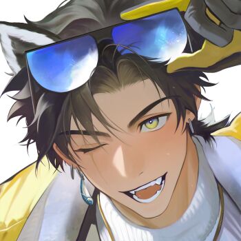 1boy adjusting_eyewear alesh_(arknights) animal_ears arknights arknights:_endfield black_gloves black_hair close-up commentary earrings english_commentary eyewear_on_head gloves highres jacket jewelry male_focus multicolored_eyes multicolored_gloves one_eye_closed open_mouth piercing raccoon_boy raccoon_ears shirt smile solo teeth turtleneck uyouu19 white_shirt yellow_gloves yellow_jacket