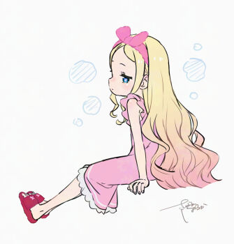 1girl beatrice_(re:zero) blonde_hair blue_eyes blush bow child closed_mouth dress frills from_side full_body hair_bow hairband highres long_hair pink_dress profile re:zero_kara_hajimeru_isekai_seikatsu sagawa_haruka signature sitting slippers solo striped_background very_long_hair