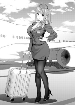 1girl aircraft airplane alternate_breast_size alternate_costume alternate_hairstyle bandana boeing_747 breasts cleavage cloud cloudy_sky day flight_attendant full_body go-toubun_no_hanayome hat high_heels high_ponytail highres holding hostess jet_airliner kosmos_beta monochrome nakano_nino pantyhose plane ponytail shadow skirt sky smile suitcase travel_attendant