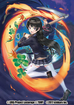 1girl autumn_leaves black_cardigan black_eyes black_hair black_shoes black_skirt cardigan clover copyright_notice fire hair_ornament hairpin holding holding_scythe holding_weapon ishibashi_yosuke leaf long_hair looking_at_viewer nijisanji official_art open_mouth outdoors scythe shirt shoes skirt solo thighhighs tsukino_mito tsukino_mito_(1st_costume) virtual_youtuber weapon white_shirt white_thighhighs wixoss