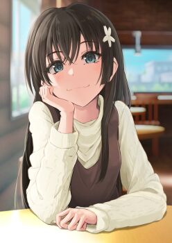 1girl :3 black_hair blue_eyes blurry blurry_background brown_dress cafe casual closed_mouth commentary_request day dress elbow_on_table elbow_rest flower hair_between_eyes hair_flower hair_ornament hand_on_own_cheek hand_on_own_face head_rest highres indoors k3rd light_blush long_hair long_sleeves looking_at_viewer pinafore_dress pov_across_table saten_ruiko sidelocks sleeveless sleeveless_dress smile smug solo sweater table toaru_kagaku_no_railgun toaru_majutsu_no_index white_flower white_sweater window