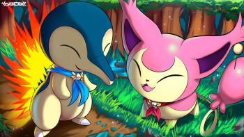 Rule 34 | animal focus, big head, cat, closed eyes, closed mouth, cyndaquil, forest, gen 2 pokemon, gen 3 pokemon, grass, happy, highres, ichimoral, large tail, nature, nintendo, no humans, open mouth, outdoors, pokemon, pokemon (creature), skitty, tail, tree, water