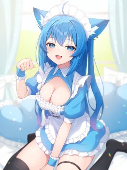 1girl :3 ahoge animal_ears apron between_legs black_thighhighs blue_dress blue_eyes blue_hair breasts cat_ears cleavage cleavage_cutout clothing_cutout commentary_request dress gradient_hair hand_between_legs hand_up highres long_hair looking_at_viewer maid maid_apron maid_headdress medium_breasts multicolored_hair nanashi_inc. nishino_eri no_shoes open_mouth paw_pose short_sleeves sitting smile solo souya_ichika thigh_strap thighhighs very_long_hair virtual_youtuber wariza wing_collar wrist_cuffs zettai_ryouiki