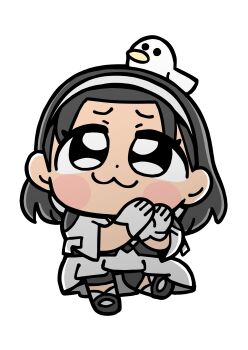 1girl :3 absurdres animal animal_on_head bird bird_on_head bkub black_eyes black_hair black_shoes blush_stickers chibi chibi_only dress full_body gloves grey_dress grey_gloves grey_hairband hairband highres kazama_jun looking_at_viewer medium_hair non-web_source official_art on_head shoes simple_background solo tekken tekken_8 white_background