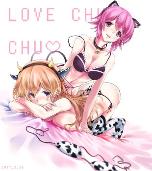 2017 2girls animal_ear_hairband animal_ears animal_print arm_support ass bell blush bra breast_press breasts chaos;child collarbone cow_ears cow_print cow_print_panties cow_print_thighhighs cry85339067 dated embarrassed fake_animal_ears fake_horns hairband head_tilt highres horns large_breasts lingerie lying medium_breasts multiple_girls navel neck_bell on_stomach onoe_serika open_mouth orange_hair panties pink_eyes pink_hair print_thighhighs purple_eyes science_adventure shiny_lips shiny_skin short_hair stomach strap_pull tail thighhighs underwear unworn_bra white_thighhighs