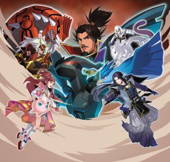 1girl 4boys akechi_mitsuhide aqua_eyes articuno artist_request black_sclera box_art brown_eyes brown_hair claws closed_mouth colored_sclera dust fake_horns gen_1_pokemon gen_3_pokemon gen_5_pokemon gloves glowing glowing_eyes grin groudon highres hood hood_up horns jigglypuff key_visual kneehighs legendary_pokemon long_hair long_sleeves mask mewtwo multiple_boys nintendo oda_nobunaga official_art oichi_no_kata oni_mask open_mouth outline pokemon pokemon_(creature) pokemon_conquest promotional_art purple_eyes purple_hair real_life red_eyes red_mask red_sandals red_sclera sandals sengoku_musou sharp_teeth smile socks spikes takeda_shingen teeth textless_version third-party_source uesugi_kenshin v-shaped_eyebrows white_eyes white_hair white_outline white_socks yellow_eyes zekrom