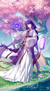 1girl absurdres alternate_costume alternate_universe artist_name artist_request bad_source blue_pupils blue_sky blunt_bangs braid cherry_blossoms commission earrings full_body genshin_impact glowing grass hair_flowing_over hair_ornament head_tilt highres holding holding_orb jack-o&#039;-lantern japanese_clothes jewelry kimono long_braid long_hair long_sleeves looking_at_viewer mitsudomoe_(shape) mole mole_under_eye multicolored_eyes multicolored_hair outdoors parted_lips purple_eyes purple_hair purple_kimono raiden_shogun sample_watermark single_braid sky solo standing streaked_hair tomoe_(symbol) tree watermark wide_sleeves xiaohongshu_logo xiaohongshu_watermark