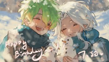 2boys absurdres aged_down ahoge alternate_costume blue_coat blue_ribbon blue_scarf blush brown_coat child chinese_commentary closed_eyes coat commentary_request curtained_hair ensemble_stars! green_hair hair_between_eyes hair_ribbon happy_birthday haruiro_(hrm_ino) highres holding_snowman long_hair male_focus multiple_boys open_mouth outdoors ran_nagisa ribbon scarf short_hair smile snow snowing teeth tomoe_hiyori upper_body