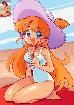 1girl :d absurdres alternate_costume arched_bangs arm_support artist_self-insert bare_arms bare_legs bare_shoulders barefoot beach beach_mat blue_eyes blue_sky blush blush_stickers breasts cleavage cloud cloudy_sky collarbone commentary covered_navel day dot_nose english_commentary fingernails full_body hair_ornament happy hat highres indie_virtual_youtuber long_hair looking_at_viewer marikyuunn marikyuunn_(vtuber) medium_breasts on_mat one-piece_swimsuit one_side_up open_mouth orange_hair outdoors photo-referenced photo_inset purple_hat sand seiza single_blush_sticker sitting sky smile solo sun_hat swimsuit thick_eyebrows very_long_hair virtual_youtuber white_one-piece_swimsuit x_hair_ornament