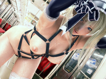 1girl 3d bdsm bent_over blonde_hair blue_eyes bondage bound breasts cum elbow_gloves female_focus gloves harness incise_soul large_breasts m-rs nipples nude public_indecency public_nudity ribbon rukia_(incise_soul) solo subway sweat thighhighs train train_interior