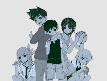 1girl 4boys aubrey_(faraway)_(omori) aubrey_(omori) ball baseball_bat basil_(faraway)_(omori) basil_(omori) basketball_(object) blush book bright_pupils closed_mouth collared_shirt commentary crossed_bandaids double-parted_bangs english_commentary flower greyscale grin hair_between_eyes hair_flower hair_ornament hairband hero_(faraway)_(omori) hero_(omori) highres holding holding_ball holding_baseball_bat holding_book holding_knife jacket kel_(faraway)_(omori) kel_(omori) knife long_hair looking_at_viewer monochrome multiple_boys omocat omori open_clothes open_jacket open_mouth pants parted_lips shirt short-sleeved_jacket short_hair short_sleeves shorts sidelocks simple_background smile squatting sunny_(omori) sweater sweater_vest teeth thumbs_up upper_teeth_only