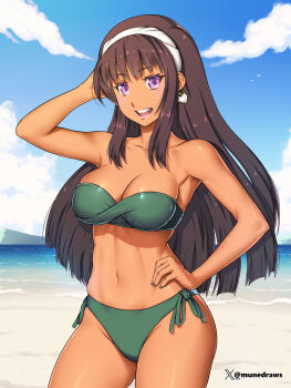 1girl absurdres artist_name bikini black_hair commission dark_skin earrings etchimune highres hunie_(series) huniepop jewelry kyanna_delrio long_hair non-web_source purple_eyes swimsuit