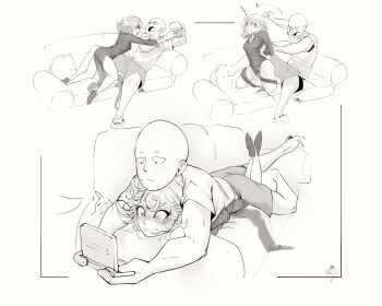 absurdres domination game game_console highres lying lying_on_person on_stomach one-punch_man saitama_(one-punch_man) sketch tagme tatsumaki what