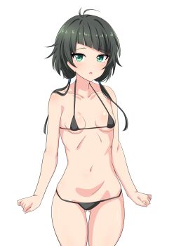 1girl antenna_hair bikini black_bikini black_hair breasts cinderella_series garukichi green_eyes hachigatsu_no_cinderella_nine highres lihua_lin long_hair low_twintails micro_bikini mole mole_under_mouth open_mouth small_breasts solo swimsuit twintails white_background