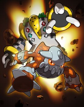 absurdres closed_mouth debris gen_4_pokemon glowing glowing_eyes heatran highres legendary_pokemon nintendo no_humans official_art orange_eyes outstretched_arm pokemon pokemon_(creature) pokemon_focus reaching reaching_towards_viewer regigigas third-party_source tokiya