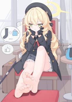 1girl :t absurdres barefoot black_coat black_dress black_gloves black_hat blonde_hair blue_archive chinese_commentary closed_mouth coat commentary_request dress eugenecolin feet gloves green_eyes halo hat highres long_hair long_sleeves partial_commentary pout professor_niyaniya_(blue_archive) revision sitting soles solo speech_bubble spoken_object toes variant_set wavy_hair yellow_halo
