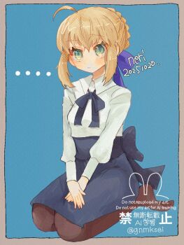... ahoge aqua_eyes artoria_pendragon_(fate) blonde_hair blue_background blue_skirt border closed_mouth commentary_request dated fate/stay_night fate_(series) grey_border han_(hn-khk) high-waist_skirt highres looking_at_viewer no_shoes outside_border pantyhose saber_(fate) shirt sidelocks simple_background sitting skirt wariza watermark white_shirt