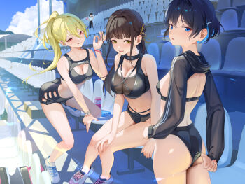4girls adjusting_clothes ass black_buruma black_hair black_shorts black_shrug black_sports_bra blue_eyes breasts brown_ribbon buruma cleavage closed_mouth clothing_cutout colored_inner_hair commentary_request day green_hair grey_shoes hair_ornament hair_ribbon half-closed_eyes hand_on_own_knee highres hooded_shrug knee_up large_breasts leaning_forward leaning_on_object long_hair long_sleeves looking_at_viewer looking_back maeshimashi median_furrow multicolored_hair multiple_girls navel no_shirt original outdoors parted_lips ponytail raised_inner_eyebrows red_eyes ribbon shade shadow shoes shorts shrug_(clothing) sitting smile sports_bra stadium standing star_(symbol) star_hair_ornament stomach straight_hair sunlight tongue tongue_out turning_head