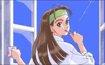 1990s_(style) 1girl :i arm_up black_border blue_sky border brown_eyes brown_hair brushing_teeth character_request closed_mouth commentary_request copyright_request cup curtained_hair dithering from_behind green_headband hand_up headband holding holding_cup indoors lens_flare long_hair looking_at_viewer looking_back open_window pc-98_(style) pixel_art retro_artstyle see-through_clothes see-through_shirt see-through_silhouette shirt sky sleeves_rolled_up solo teiku_(take) third-party_edit third-party_source turning_head upper_body white_shirt window