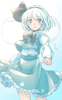 1girl black_bow black_bowtie black_hairband black_ribbon blue_eyes blush bow bowtie buttons collared_shirt commentary_request cowboy_shot ghost_print green_skirt green_vest hair_ribbon hairband juliet_sleeves konpaku_youmu konpaku_youmu_(ghost) long_sleeves looking_at_viewer one-hour_drawing_challenge open_mouth petticoat puffy_sleeves rangycrow ribbon shirt short_hair skirt solo touhou vest white_hair