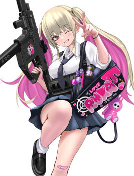 1girl assault_rifle bag black_necktie black_shoes blonde_hair blue_skirt bracelet braid breasts commentary_request gun highres holding holding_gun holding_weapon jewelry long_hair medium_breasts necktie one_eye_closed original red_eyes rifle school_uniform shoes single_braid skirt smile socks solo standing sunao_(70_the) teeth twintails v weapon white_background white_socks