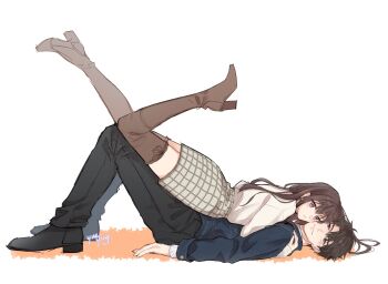 1boy 1girl artist_name black_pants black_shoes boots brown_boots brown_eyes brown_hair caleb_(love_and_deepspace) cheek-to-cheek couple denim denim_jacket full_body furrowed_brow grid_print heads_together hetero hug jacket light_blush light_frown long_hair love_and_deepspace lying m_blue_ka on_back pants print_skirt protagonist_(love_and_deepspace) shoes short_hair skirt sweater thigh_boots white_background white_sweater yueying_vmai