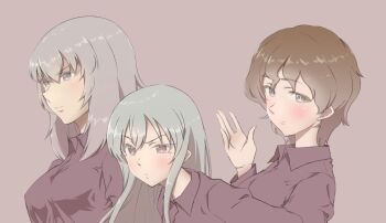 Rule 34 | 3girls, akaboshi koume, blue eyes, brown eyes, brown hair, commentary request, dress shirt, girls und panzer, girls und panzer little army, grey hair, hands on own hips, itsumi erika, kuromorimine military uniform, long hair, looking at viewer, military, military uniform, miniskirt, mityubi, multiple girls, no jacket, pleated skirt, red shirt, red skirt, sheska (girls und panzer), shirt, short hair, skirt, smile, standing, waving, wavy hair