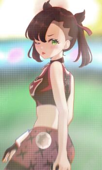 1girl ;p asymmetrical_bangs black_choker black_hair black_sports_bra blush breasts choker dynamax_band earrings fingerless_gloves from_side gloves green_eyes hair_ribbon highres holding holding_poke_ball jewelry looking_at_viewer looking_to_the_side marnie_(pokemon) michi_kkp nintendo one_eye_closed poke_ball pokemon pokemon_swsh ribbon small_breasts solo sports_bra stud_earrings tongue tongue_out twintails undercut