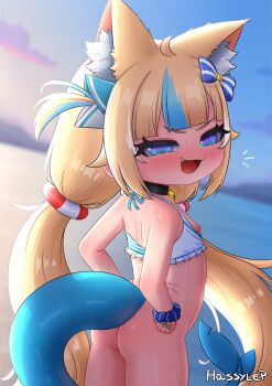 1girl animal_ears artist_name ass bikini bikini_top_only bikini_top_pull blonde_hair blue_bikini blue_eyes blue_hair blue_nails blurry blurry_background blush cat_ears cat_girl convenient_censoring cowboy_shot dot_nose embarrassed eyelashes fang female_focus fingernails fins fish_tail flat_ass flat_chest from_behind hands_on_own_hips hassylep indie_virtual_youtuber loli long_hair looking_at_viewer looking_back low_twintails multicolored_hair nail_polish nipples open_mouth sameko_saba shark_girl shark_tail smile smug solo standing streaked_hair sunset swimsuit tail tsundere turning_head twintails two-tone_hair virtual_youtuber