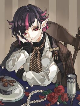 1boy androgynous arm_up black_hair black_shirt blunt_bangs blunt_ends brooch chair champagne_flute chocolate closed_mouth commentary cup drinking_glass elbow_rest eyelashes flower hand_on_own_face head_rest highres jacket jacket_on_shoulders jewelry layered_sleeves lilia_vanrouge looking_to_the_side male_focus multicolored_hair necklace necktie parted_hair pearl_necklace pink_eyes pink_hair pinstripe_jacket pinstripe_pattern pointy_ears red_flower red_rose rose shirt short_hair sideways_glance sitting sleeves_past_wrists smile solo streaked_hair striped_clothes striped_necktie suit_jacket symbol-only_commentary table tray turtleneck twisted_wonderland unworn_jewelry unworn_necklace white_jacket wooden_chair yukino0ekaki