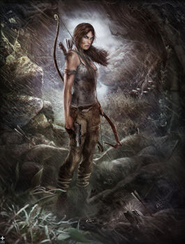 1girl animal arrow_(projectile) blood bow_(weapon) brown_eyes brown_hair epic female_focus finger_on_trigger gun handgun lara_croft long_hair mountain omri_koresh pistol rain rock solo standing tank_top tomb_raider tomb_raider_(reboot) weapon wolf