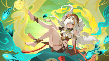 1girl absurdres barefoot feet highres honkai_impact light_blush long_hair looking_at_viewer nail_polish open_mouth soles songque toes white_hair yellow_eyes yuan_zhen