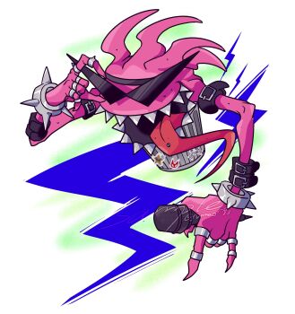 Rule 34 | belt, digimon, digimon (creature), highres, oridigi, original, scumon, sharp teeth, solo, spikes, sunglasses, teeth, tongue, tongue out, trash can