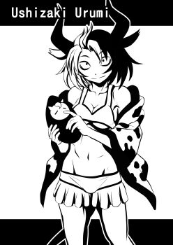 Rule 34 | 1girl, absurdres, animal ears, animal print, ayana mizuki, bags under eyes, breasts, character name, closed mouth, commentary request, cow ears, cow girl, cow horns, cow print, cow tail, cowboy shot, frilled shorts, frills, greyscale, groin, high contrast, highres, holding, horns, jacket, looking at viewer, medium breasts, monochrome, multicolored hair, navel, open clothes, open jacket, print jacket, short hair, short shorts, shorts, smile, solo, split-color hair, sports bra, tail, touhou, two-tone hair, underboob, ushizaki urumi